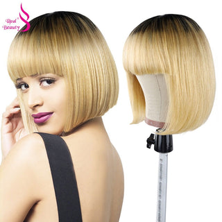 BOB CUT | 8-14 Inch | Wig with Bangs | Black Root | Ombre | 180 Density | Straight Hair | Platinum Blonde Human Hair | - Elite Wigs