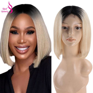 BOB CUT | 8-14 Inch | Wig with Bangs | Black Root | Ombre | 180 Density | Straight Hair | Platinum Blonde Human Hair | - Elite Wigs