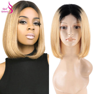 BOB CUT | 8-14 Inch | Wig with Bangs | Black Root | Ombre | 180 Density | Straight Hair | Platinum Blonde Human Hair | - Elite Wigs