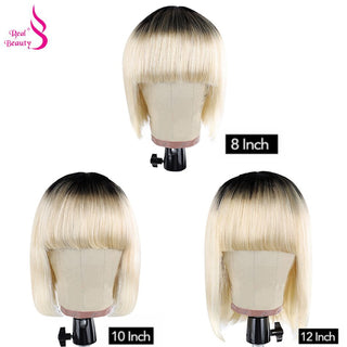 BOB CUT | 8-14 Inch | Wig with Bangs | Black Root | Ombre | 180 Density | Straight Hair | Platinum Blonde Human Hair | - Elite Wigs