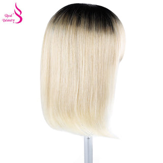 BOB CUT | 8-14 Inch | Wig with Bangs | Black Root | Ombre | 180 Density | Straight Hair | Platinum Blonde Human Hair | - Elite Wigs