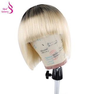BOB CUT | 8-14 Inch | Wig with Bangs | Black Root | Ombre | 180 Density | Straight Hair | Platinum Blonde Human Hair | - Elite Wigs