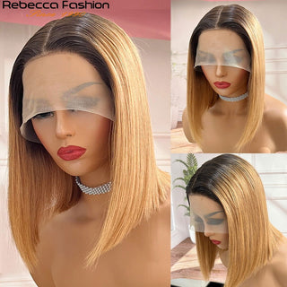 BOB CUT | 8-16 Inch | T-Part | Black Roots | Ombre | 180 Density | Straight Hair | Honey Blonde Human Hair | - Elite Wigs