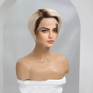 BOB CUT | 8 Inch | T-Part | Brown Root | Ombre | 180 Density | Straight Hair | Platinum Blonde Human Hair | - Elite Wigs