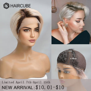 BOB CUT | 8 Inch | T-Part | Brown Root | Ombre | 180 Density | Straight Hair | Platinum Blonde Human Hair | - Elite Wigs