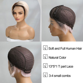 BOB CUT | 8 Inch | T-Part | Brown Root | Ombre | 180 Density | Straight Hair | Platinum Blonde Human Hair | - Elite Wigs