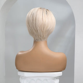 BOB CUT | 8 Inch | T-Part | Brown Root | Ombre | 180 Density | Straight Hair | Platinum Blonde Human Hair | - Elite Wigs