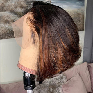 BOB CUT | 8 Inch | T-Part | Ombre | Highlights | 180 Density | Straight Hair | Dark Brown & Dark Honey Human Hair | - Elite Wigs