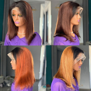 BOB CUT | 8 Inch | T-Part | Ombre | Highlights | 180 Density | Straight Hair | Dark Brown & Dark Honey Human Hair | - Elite Wigs