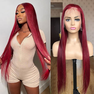 EXTRA LONG Length | 34-36 Inch | T-Part | Glue-less | 180 Density | Straight Hair | Burgundy Red Human Hair | - Elite Wigs