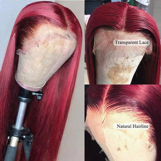 EXTRA LONG Length | 34-36 Inch | T-Part | Glue-less | 180 Density | Straight Hair | Burgundy Red Human Hair | - Elite Wigs