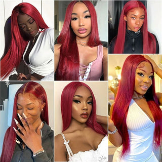 EXTRA LONG Length | 34-36 Inch | T-Part | Glue-less | 180 Density | Straight Hair | Burgundy Red Human Hair | - Elite Wigs