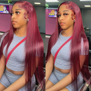 EXTRA LONG Length | 34-36 Inch | T-Part | Glue-less | 180 Density | Straight Hair | Burgundy Red Human Hair | - Elite Wigs