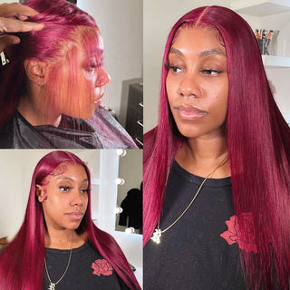 EXTRA LONG Length | 34-36 Inch | T-Part | Glue-less | 180 Density | Straight Hair | Burgundy Red Human Hair | - Elite Wigs
