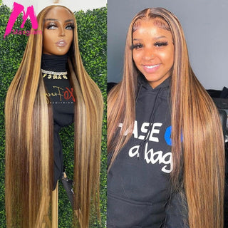 EXTRA LONG Length | 34 Inch | Highlights | 180 Density | Straight Hair | Dark Brown with Honey Blonde Human Hair | - Elite Wigs