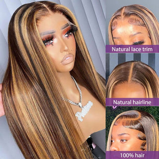 EXTRA LONG Length | 34 Inch | Highlights | 180 Density | Straight Hair | Dark Brown with Honey Blonde Human Hair | - Elite Wigs