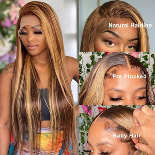 EXTRA LONG Length | 34 Inch | Highlights | 180 Density | Straight Hair | Dark Brown with Honey Blonde Human Hair | - Elite Wigs