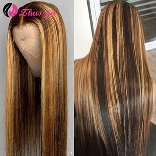 EXTRA LONG Length | 34 Inch | Highlights | 250 Density | Straight Hair | Dark Brown with Honey Blonde Human Hair | - Elite Wigs
