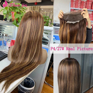 EXTRA LONG Length | 34 Inch | Highlights | 250 Density | Straight Hair | Dark Brown with Honey Blonde Human Hair | - Elite Wigs