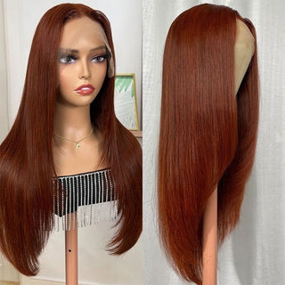 EXTRA LONG Length | 34 Inch | T-Part | 180 Density | Straight Hair | Brown Red Human Hair | - Elite Wigs