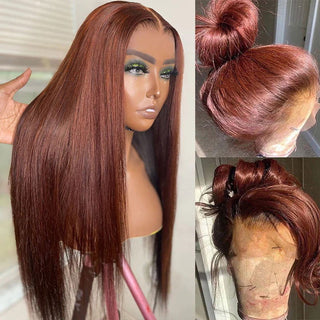 EXTRA LONG Length | 34 Inch | T-Part | 180 Density | Straight Hair | Brown Red Human Hair | - Elite Wigs