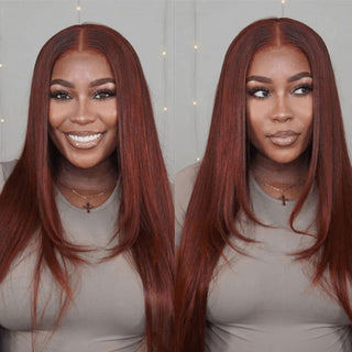EXTRA LONG Length | 34 Inch | T-Part | 180 Density | Straight Hair | Brown Red Human Hair | - Elite Wigs
