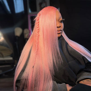 EXTRA LONG Length | 34 Inch | T-Part | 180 Density | Straight Hair | Light Pink Human Hair | - Elite Wigs