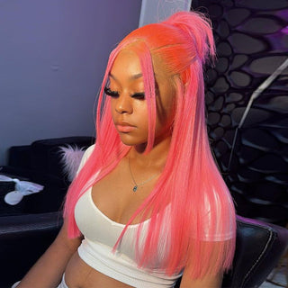 EXTRA LONG Length | 34 Inch | T-Part | 180 Density | Straight Hair | Neon Pink Human Hair | - Elite Wigs