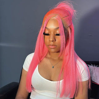EXTRA LONG Length | 34 Inch | T-Part | 180 Density | Straight Hair | Neon Pink Human Hair | - Elite Wigs