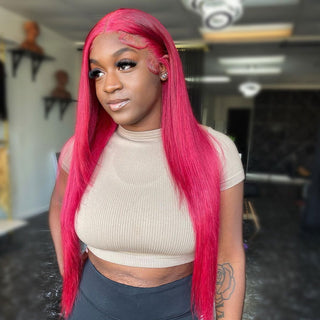 EXTRA LONG Length | 34 Inch | T-Part | 250 Density | Straight Hair | Dark Pink Human Hair | - Elite Wigs