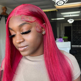 EXTRA LONG Length | 34 Inch | T-Part | 250 Density | Straight Hair | Dark Pink Human Hair | - Elite Wigs