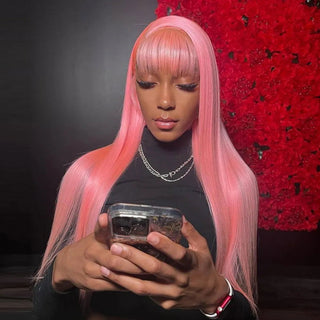 EXTRA LONG Length | 34 Inch | Wig with Bangs | 180 Density | Straight Hair | Salmon Pink Human Hair | - Elite Wigs