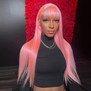 EXTRA LONG Length | 34 Inch | Wig with Bangs | 250 Density | Straight Hair | Salmon Pink Human Hair | - Elite Wigs