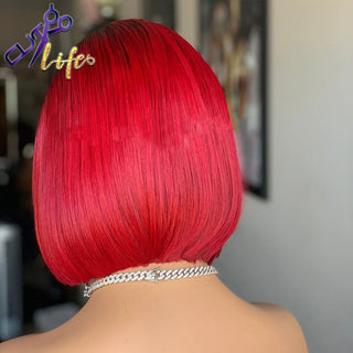 SHOULDER Length | 14-16 Inch | Ombre | 250 Density | Straight Hair | Hot Red with Black Roots Human Hair |