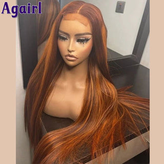LONG Length | 28-30 Inch | 180 Density | Straight Hair | Copper Ash Ginger Human Hair | - Elite Wigs