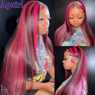 LONG Length | 28-30 Inch | Full Highlights | 180 Density | Straight Hair | Hot Ruby Pink & Black Human Hair | - Elite Wigs