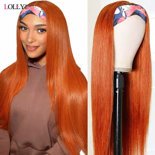 LONG Length | 28-30 Inch | Glue-less | Headband Wig | 180 Density | Straight Hair | Ginger Orange Human Hair | - Elite Wigs