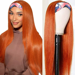 LONG Length | 28-30 Inch | Glue-less | Headband Wig | 180 Density | Straight Hair | Ginger Orange Human Hair | - Elite Wigs