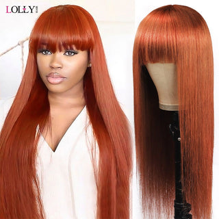LONG Length | 28-30 Inch | Glue-less | Wig with Bangs | 180 Density | Straight Hair | Copper Ash Ginger Human Hair | - Elite Wigs