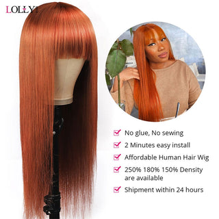 LONG Length | 28-30 Inch | Glue-less | Wig with Bangs | 180 Density | Straight Hair | Copper Ash Ginger Human Hair | - Elite Wigs