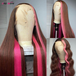 LONG Length | 28-30 Inch | Highlights | 180 Density | Straight Hair | Brown to Pink Human Hair | - Elite Wigs