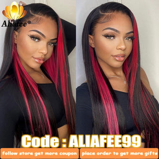 LONG Length | 28-30 Inch | Highlights | 180 Density | Straight Hair | Hot Ruby Pink & Black Human Hair | - Elite Wigs