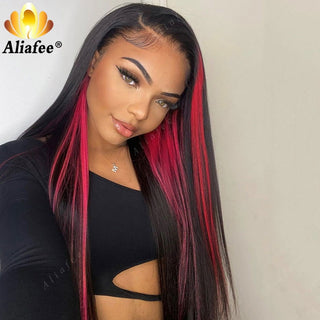 LONG Length | 28-30 Inch | Highlights | 180 Density | Straight Hair | Hot Ruby Pink & Black Human Hair | - Elite Wigs