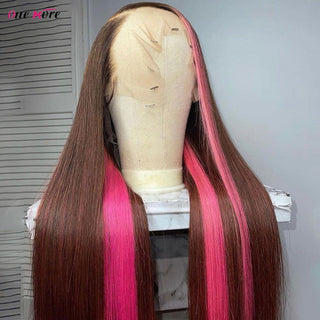 LONG Length | 28-30 Inch | Highlights | T-Part | 180 Density | Straight Hair | Brown to Pink Human Hair | - Elite Wigs