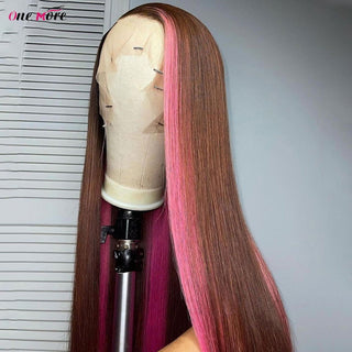 LONG Length | 28-30 Inch | Highlights | T-Part | 180 Density | Straight Hair | Brown to Pink Human Hair | - Elite Wigs