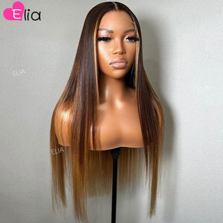 LONG Length | 28-30 Inch | Ombre | 180 Density | Straight Hair | Chocolate Brown & Light Honey Human Hair | - Elite Wigs