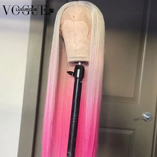 LONG Length | 28-30 Inch | Ombre | 250 Density | Straight Hair | Light Grey to Pink Human Hair | - Elite Wigs