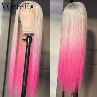 LONG Length | 28-30 Inch | Ombre | 250 Density | Straight Hair | Light Grey to Pink Human Hair | - Elite Wigs