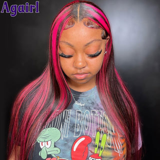 LONG Length | 28-30 Inch | T-Part | 180 Density | Straight Hair | Hot Ruby Pink & Black Human Hair | - Elite Wigs
