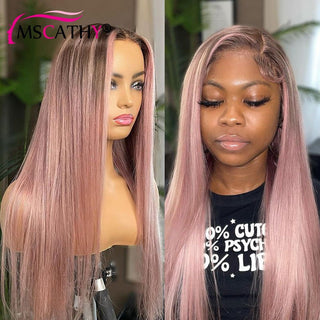 LONG Length | 28-30 Inch | T-Part | Highlights | 180 Density | Straight Hair | Ash Pastel Pink Human Hair | - Elite Wigs